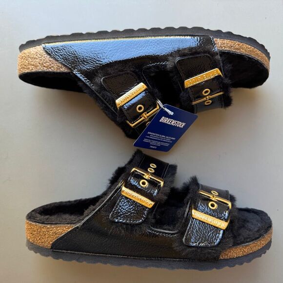 Birkenstock Arizona Shearling Eyelet Sandals Womens 41EU /10US Shiny Black Gold - Picture 7 of 13